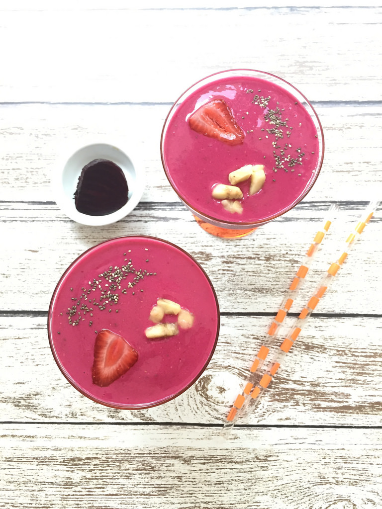 Sun-Kissed Strawberry Beet Smoothie via LizsHealthyTable.com