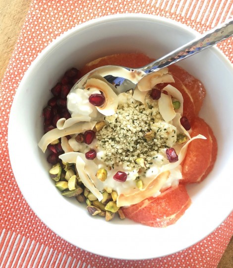 Cottage Cheese, Orange, and Pomegranate Nourish Bowls via LizsHealthyTable.com 