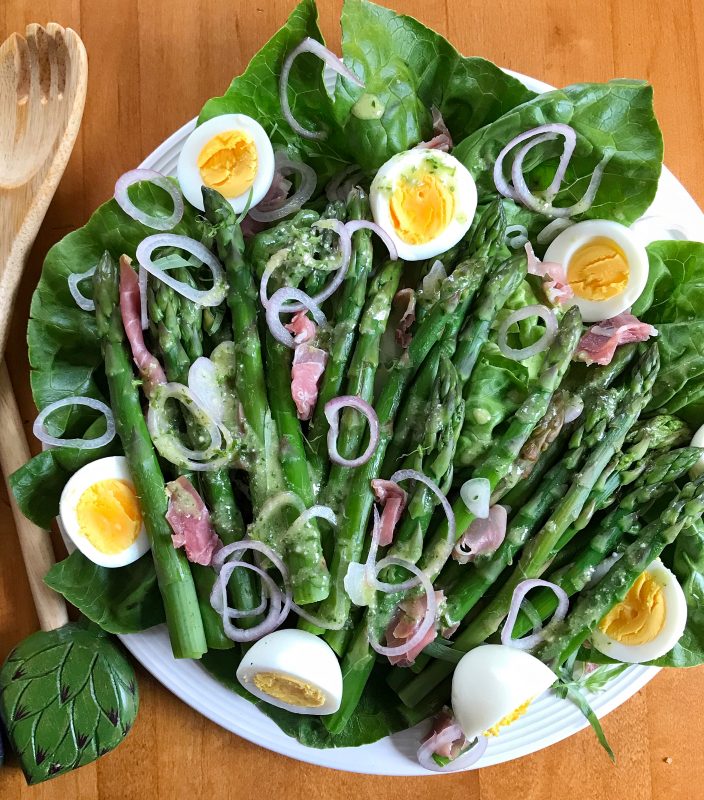Asparagus Salad with Eggs and Prosciutto via LizsHealthyTable.com #salad 