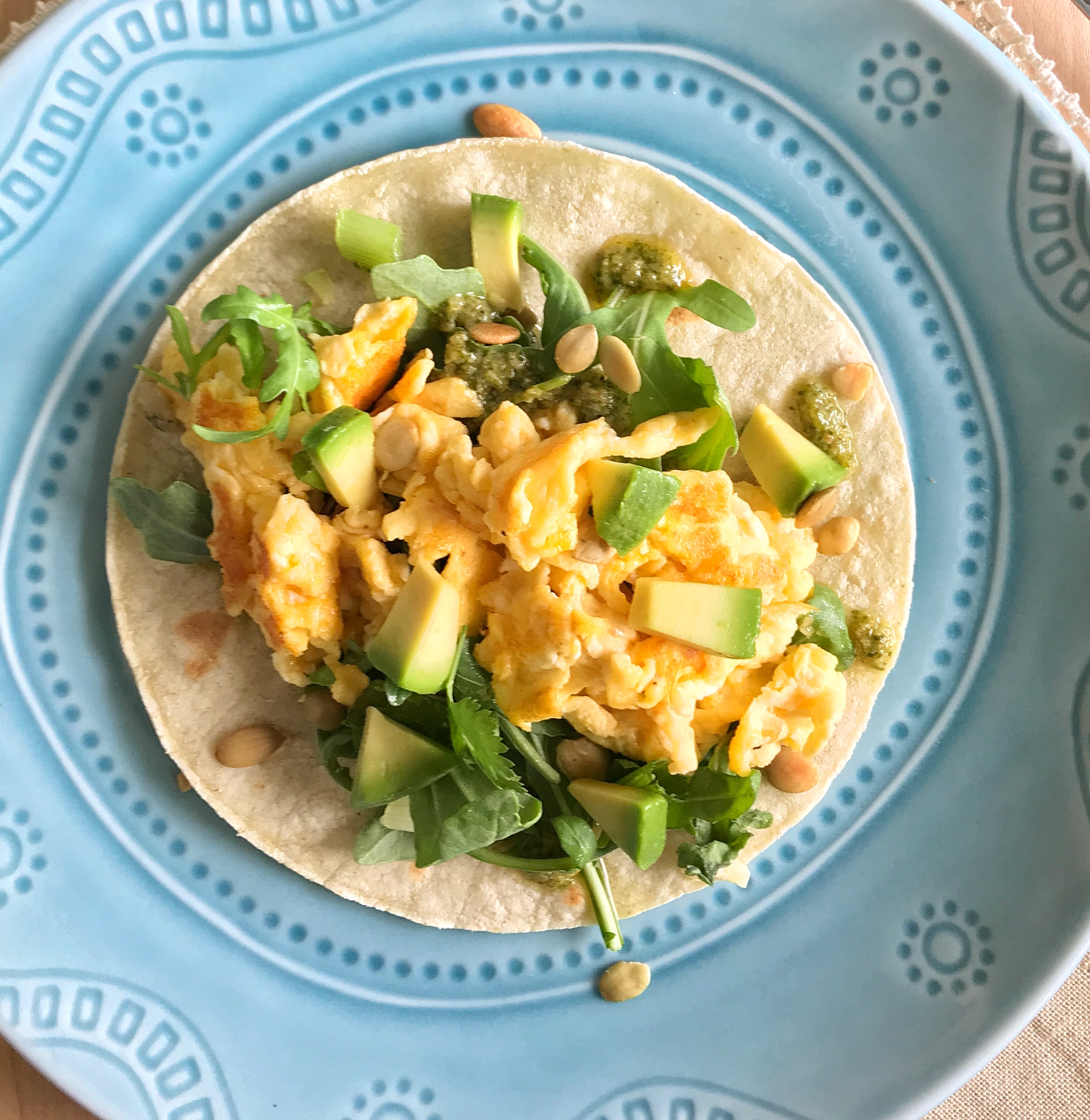 Scrambled Egg Tacos with Cilantro Lime Pumpkin Seed Drizzle