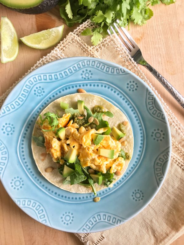 Scrambled Egg Tacos with Cilantro Lime Drizzle via LizsHealthyTable #eggenthusiast #eggsdinner