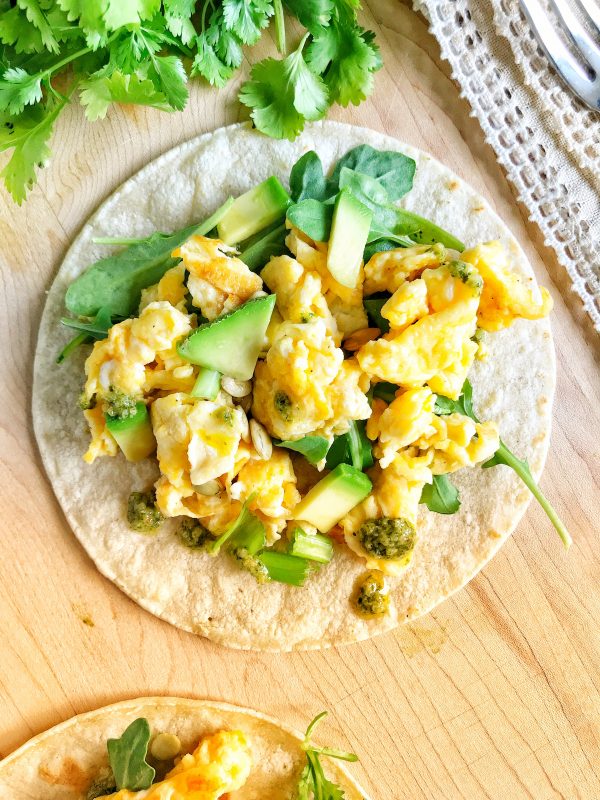Scrambled Egg Tacos with Cilantro Lime Drizzle via LizsHealthyTable #eggenthusiast #eggsdinner