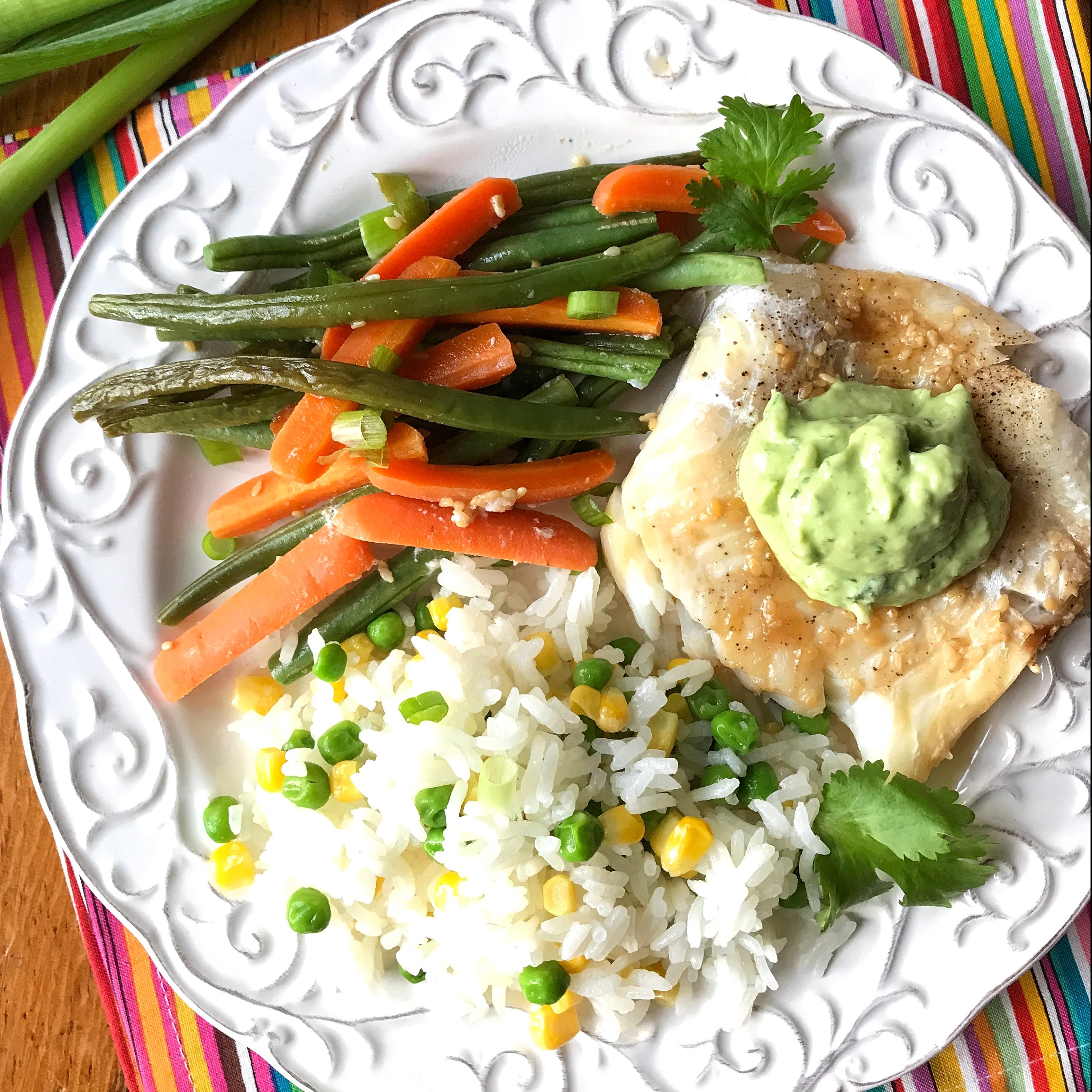Cod, Carrot & Green Bean Foil Packets with Lime Avocado Sauce
