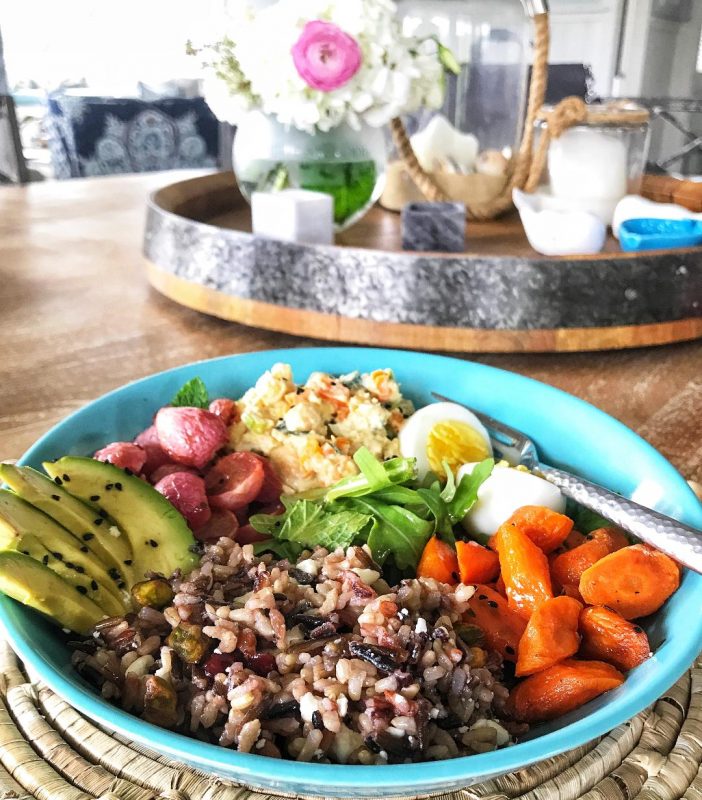 Wild Rice Grain Bowl with Roasted Radishes, Carrots, Hard Boiled Eggs, and Chickpea Mash via LizsHealthyTable.com