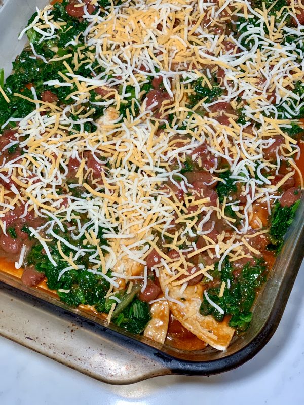 Quick Pantry Meal: Enchilada Casserole with Frozen Spinach and a Can of Bean Chili #quarantinekitchen via LizsHealthyTable.com