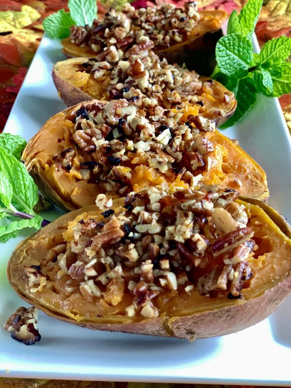 Maple Pecan Stuffed Sweet Potatoes for Thanksgiving via LizsHealthyTable.com #thanksgiving