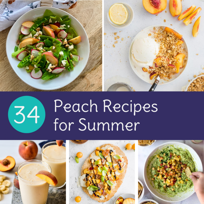 34 Peach Recipes for National Peach Month via lizshealthytable.com #peaches #nutrition