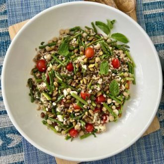 Mediterranean Farro Salad with Pistachios, Asparagus, and Mint | National Nutrition Month