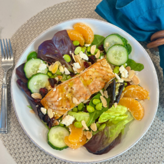4 Foods to Manage Menopause Symptoms | Recipe: Citrus Salmon Salad with Edamame, Toasted Almonds, and Feta
